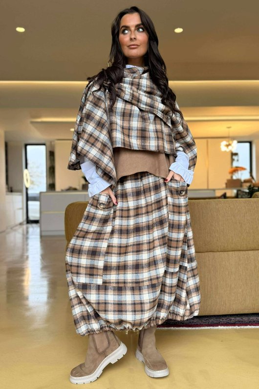 Roberta Plaid Brushed Cotton Drape Cape Camel